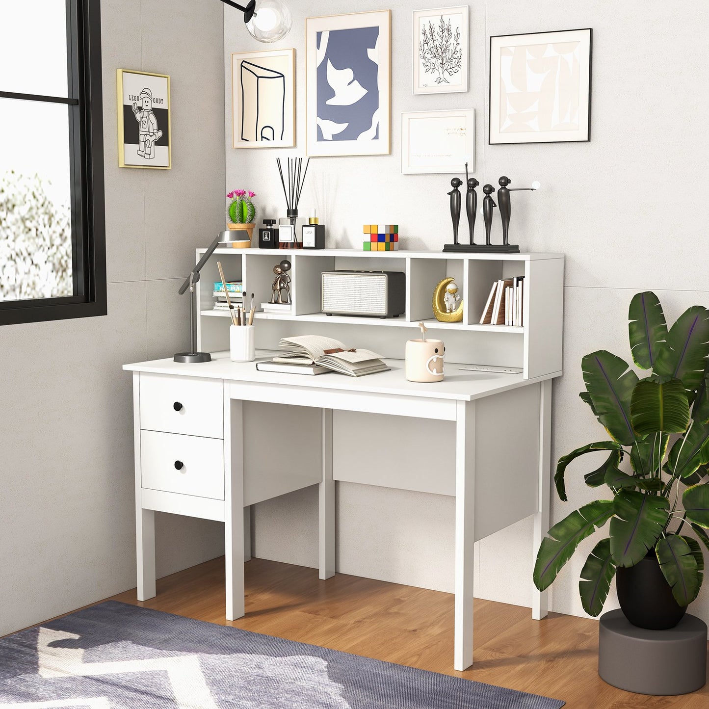 48 Inch Computer Desk with Drawers Power Outlets and 5-Cubby Hutch, White Computer Desks   at Gallery Canada