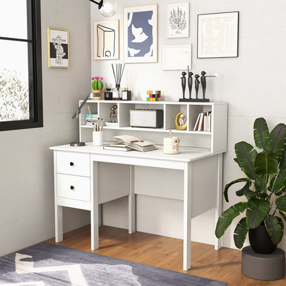 48 Inch Computer Desk with Drawers Power Outlets and 5-Cubby Hutch, White - Gallery Canada