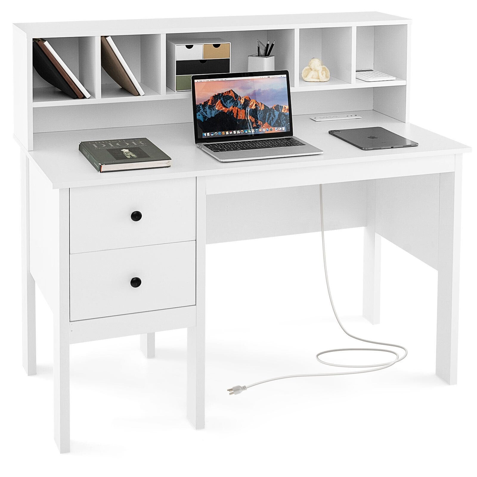 48 Inch Computer Desk with Drawers Power Outlets and 5-Cubby Hutch, White Computer Desks   at Gallery Canada