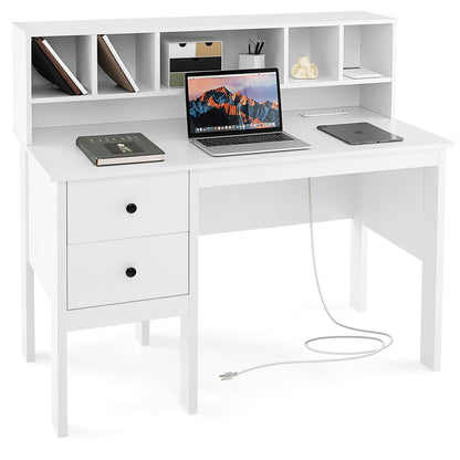 48 Inch Computer Desk with Drawers Power Outlets and 5-Cubby Hutch, White Computer Desks   at Gallery Canada