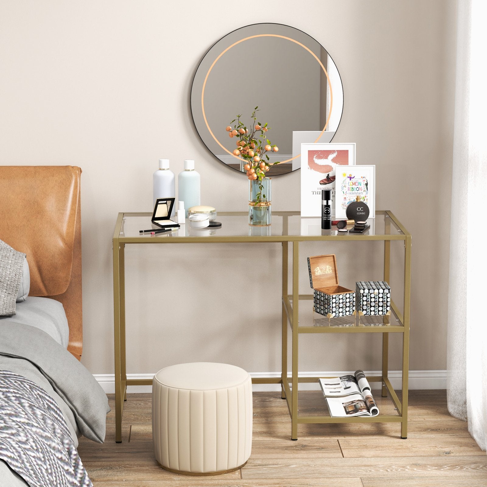 Modern Console Table with 2 Open Shelves and Metal Frame, Golden Console Tables   at Gallery Canada