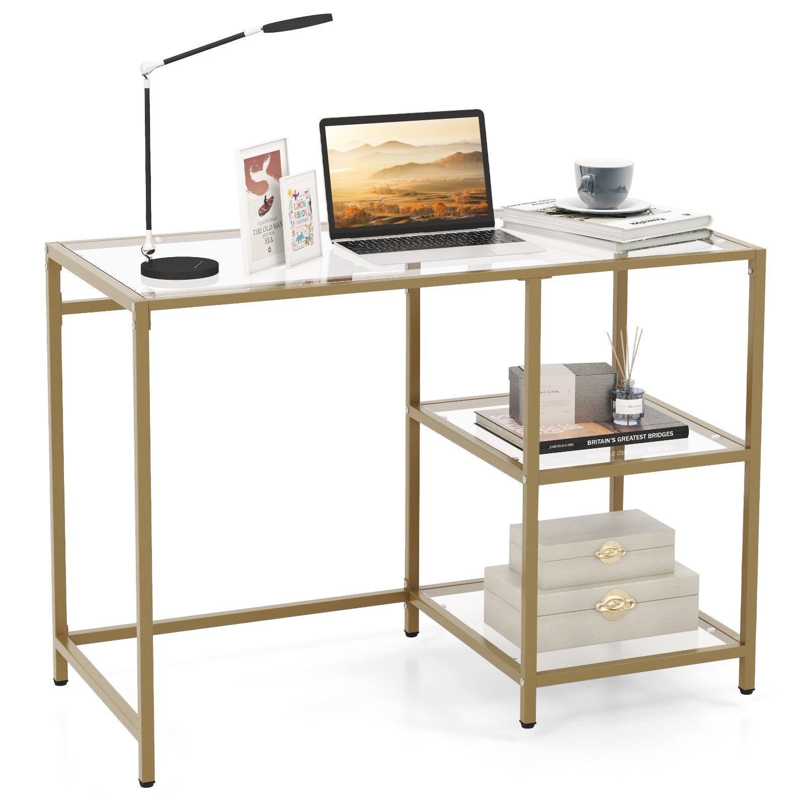 Modern Console Table with 2 Open Shelves and Metal Frame, Golden Console Tables   at Gallery Canada