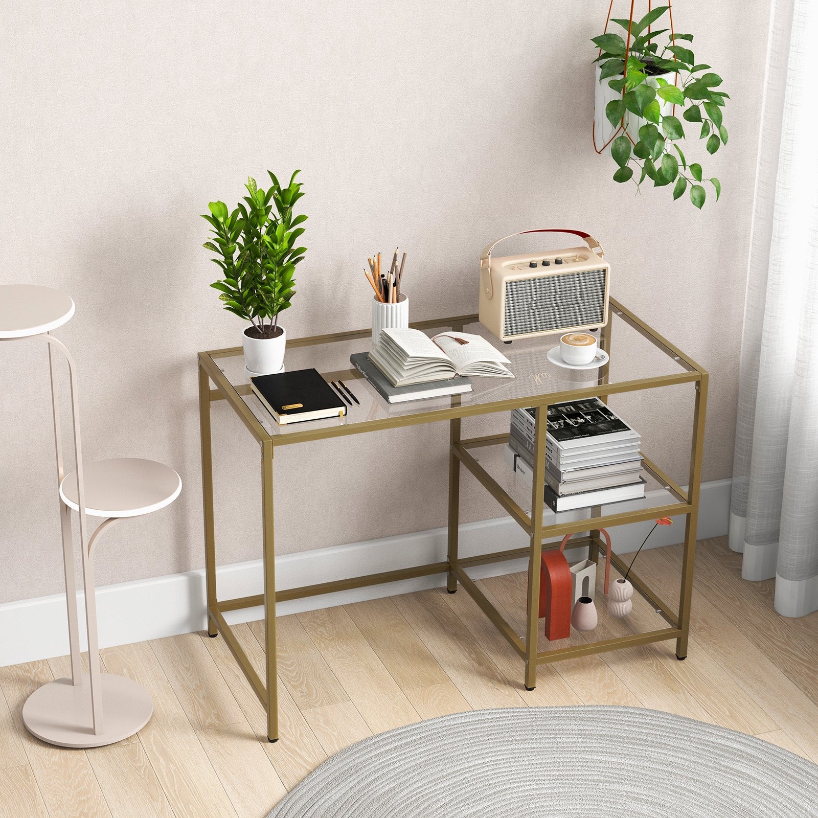 Modern Console Table with 2 Open Shelves and Metal Frame, Golden Console Tables   at Gallery Canada