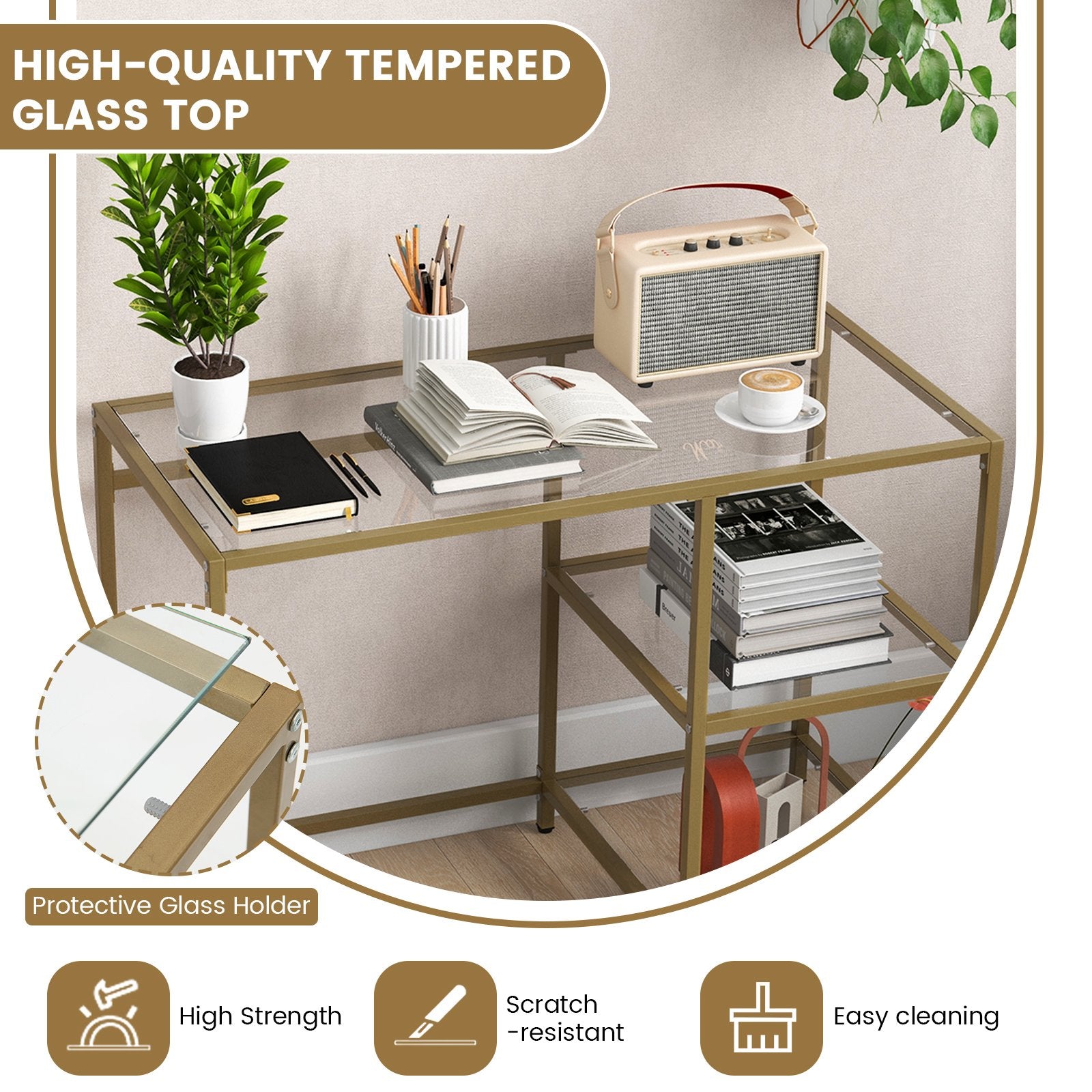 Modern Console Table with 2 Open Shelves and Metal Frame, Golden Console Tables   at Gallery Canada