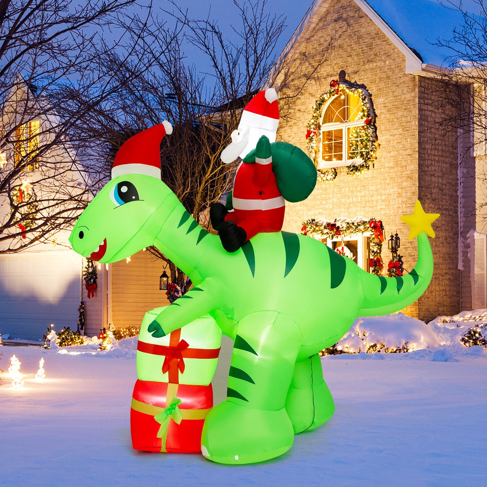 8 Feet Lighted Christmas Inflatable Santa Claus Dinosaur Decoration with Gift Boxes, Multicolor Christmas Inflatables   at Gallery Canada