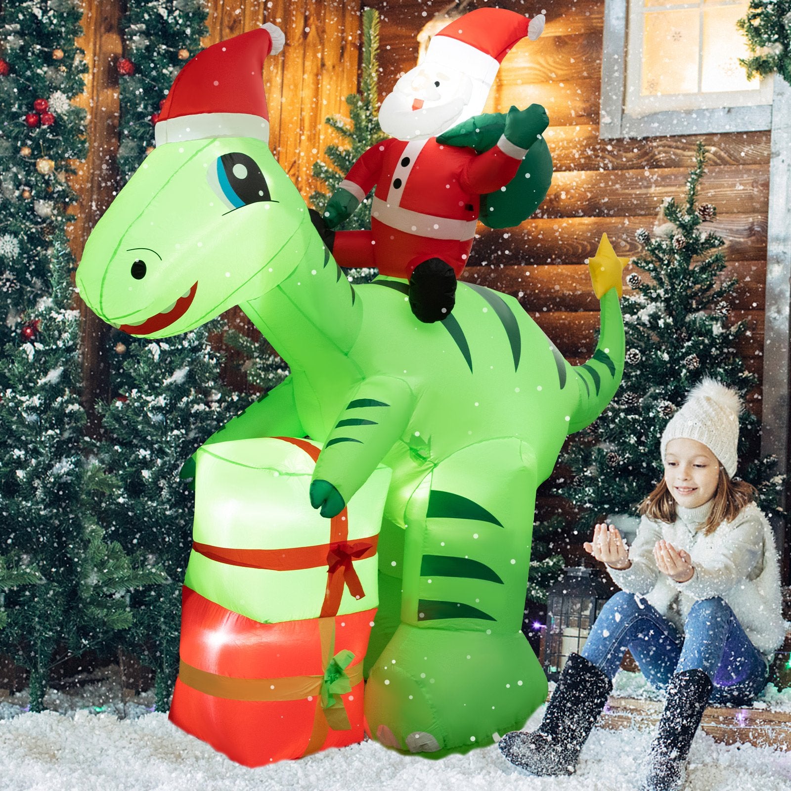 8 Feet Lighted Christmas Inflatable Santa Claus Dinosaur Decoration with Gift Boxes, Multicolor Christmas Inflatables   at Gallery Canada