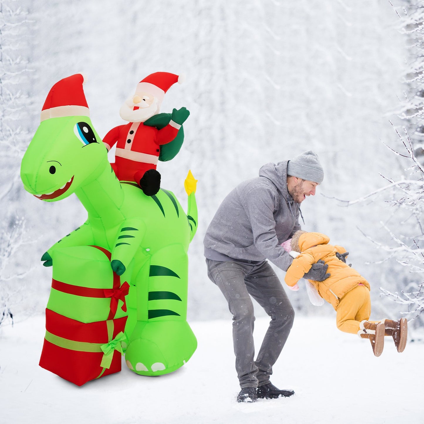 8 Feet Lighted Christmas Inflatable Santa Claus Dinosaur Decoration with Gift Boxes, Multicolor Christmas Inflatables   at Gallery Canada