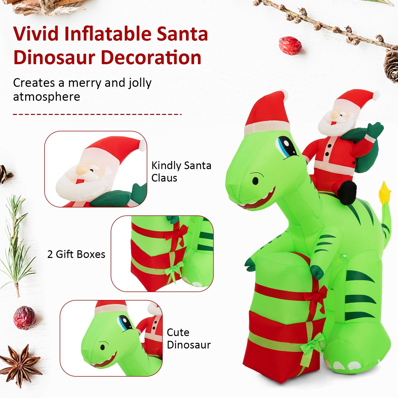 8 Feet Lighted Christmas Inflatable Santa Claus Dinosaur Decoration with Gift Boxes, Multicolor Christmas Inflatables   at Gallery Canada