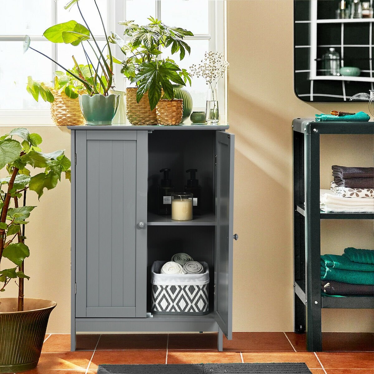 Bathroom Floor Storage Double Door Cupboard Cabinet, Gray Floor Cabinets   at Gallery Canada