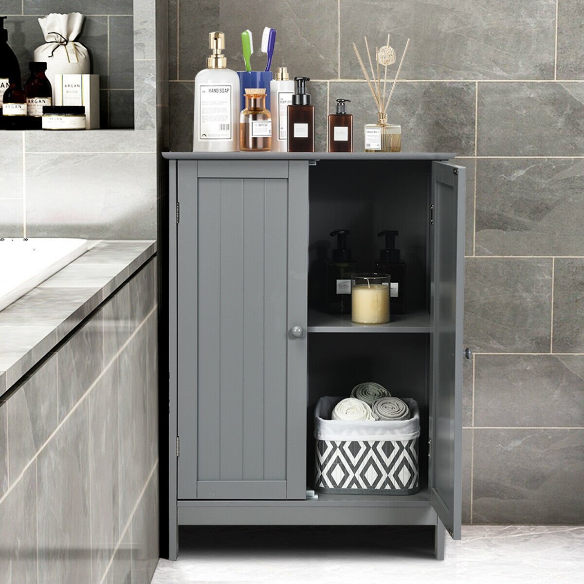 Bathroom Floor Storage Double Door Cupboard Cabinet, Gray Floor Cabinets   at Gallery Canada