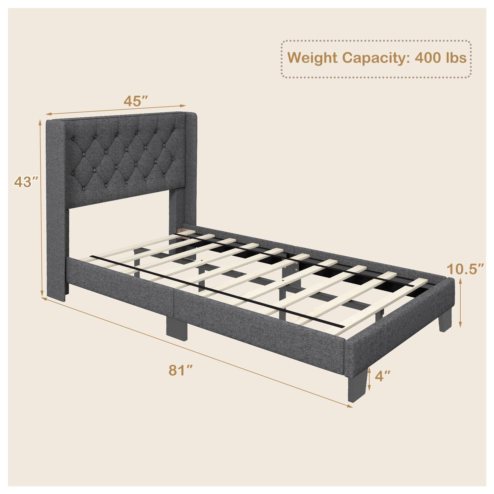 Twin/Full/Queen Size Upholstered Platform Bed with Button Tufted Headboard-Twin Size, Gray Simple Bed Frame   at Gallery Canada