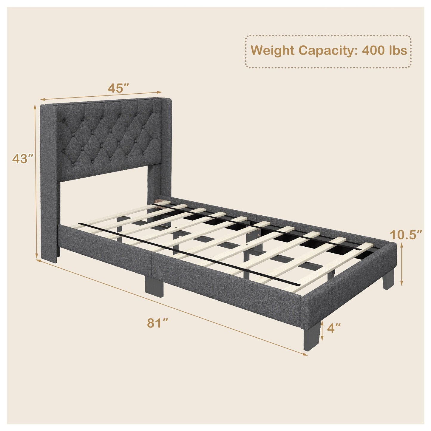 Twin/Full/Queen Size Upholstered Platform Bed with Button Tufted Headboard-Twin Size, Gray Simple Bed Frame   at Gallery Canada