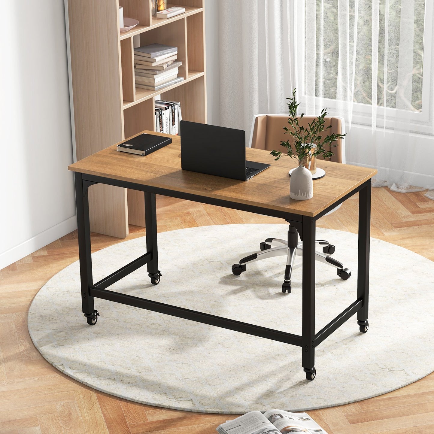 48" Rolling Computer Desk with Heavy-duty Metal Frame for Home and Office, Natural Writing Desks   at Gallery Canada