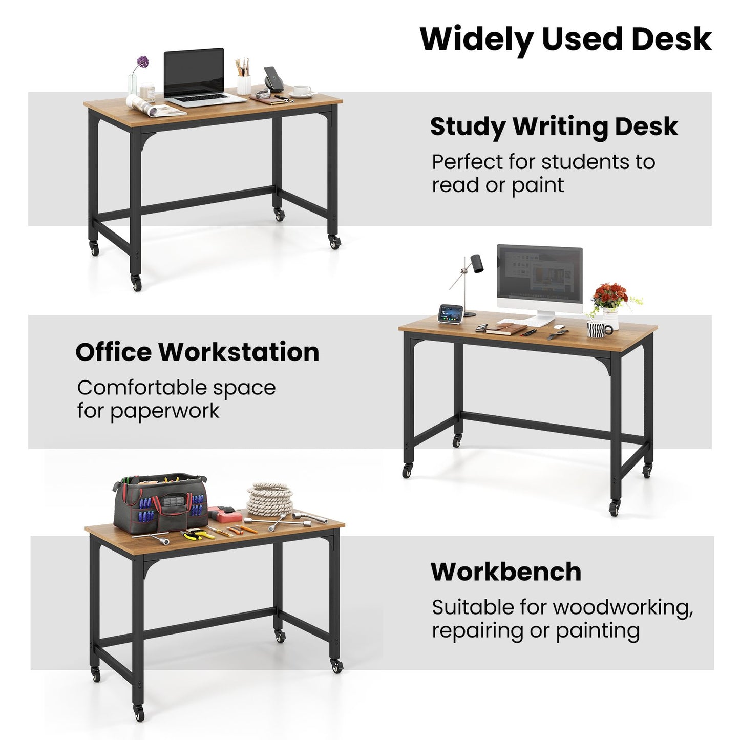 48" Rolling Computer Desk with Heavy-duty Metal Frame for Home and Office, Natural Writing Desks   at Gallery Canada