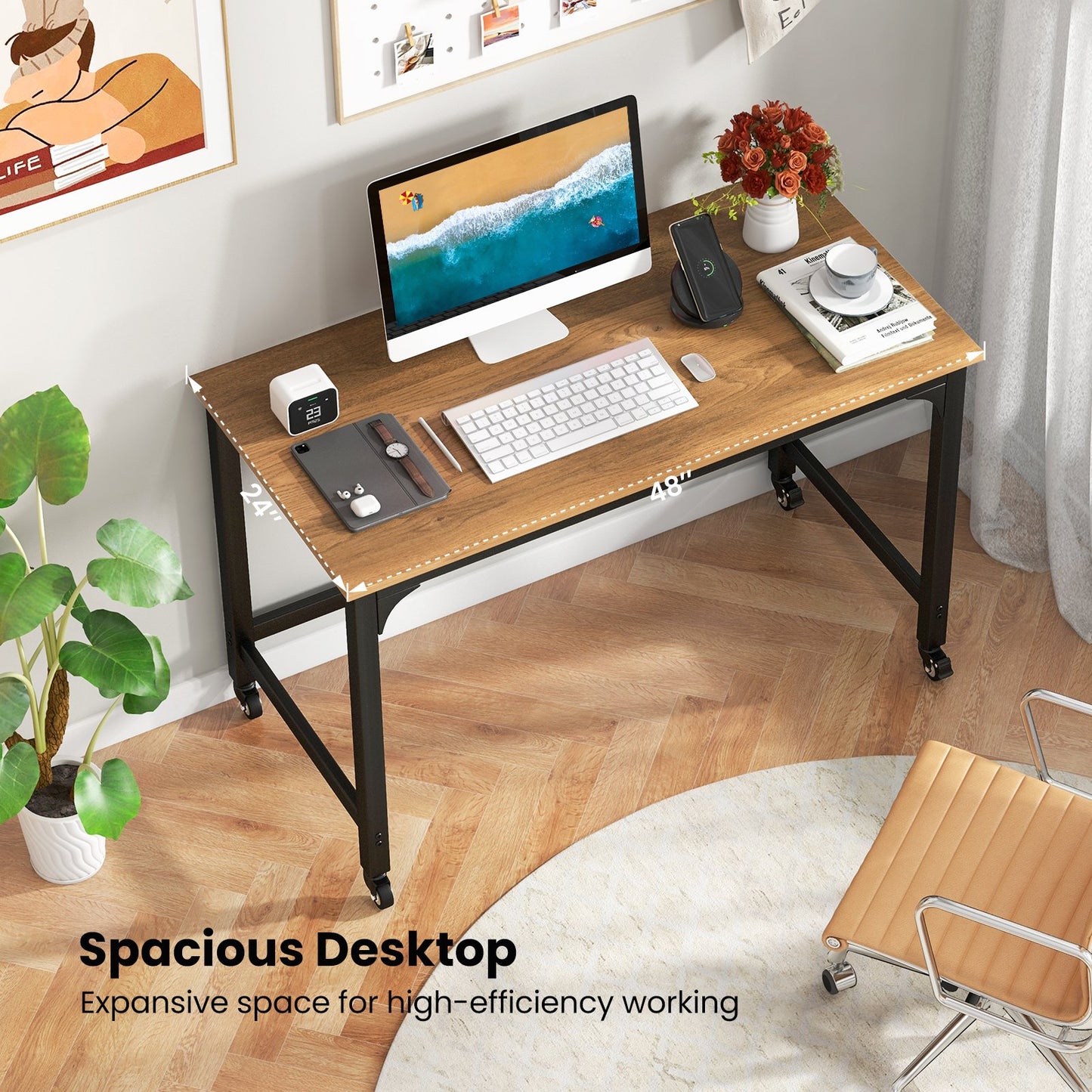 48" Rolling Computer Desk with Heavy-duty Metal Frame for Home and Office, Natural Writing Desks   at Gallery Canada