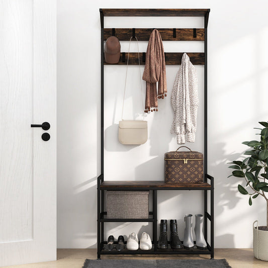 3-In-1 Industrial Coat Rack Stand with 9 Hooks Shoe Bench, Brown Coat Racks & Hall Trees   at Gallery Canada