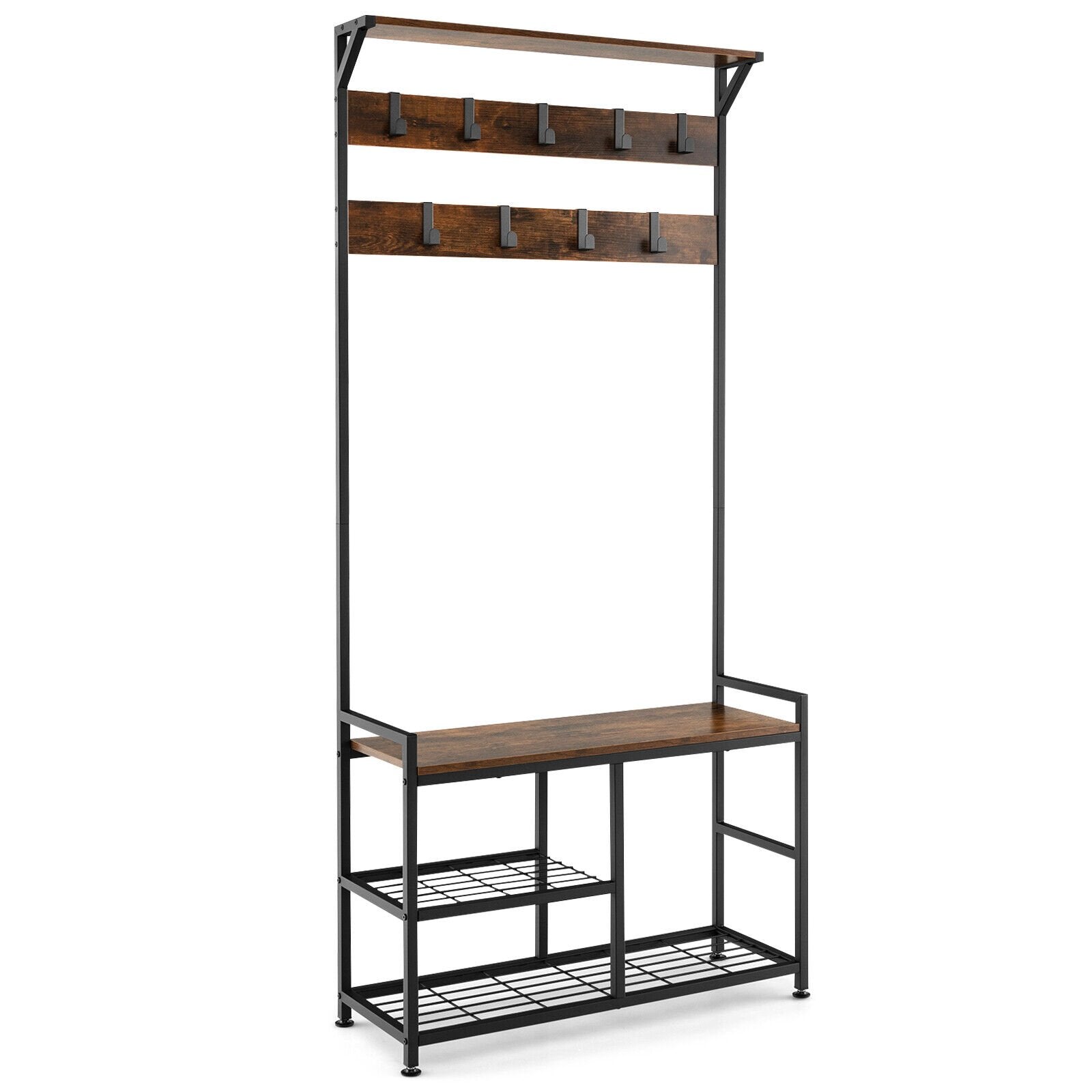 3-In-1 Industrial Coat Rack Stand with 9 Hooks Shoe Bench, Brown Coat Racks & Hall Trees   at Gallery Canada