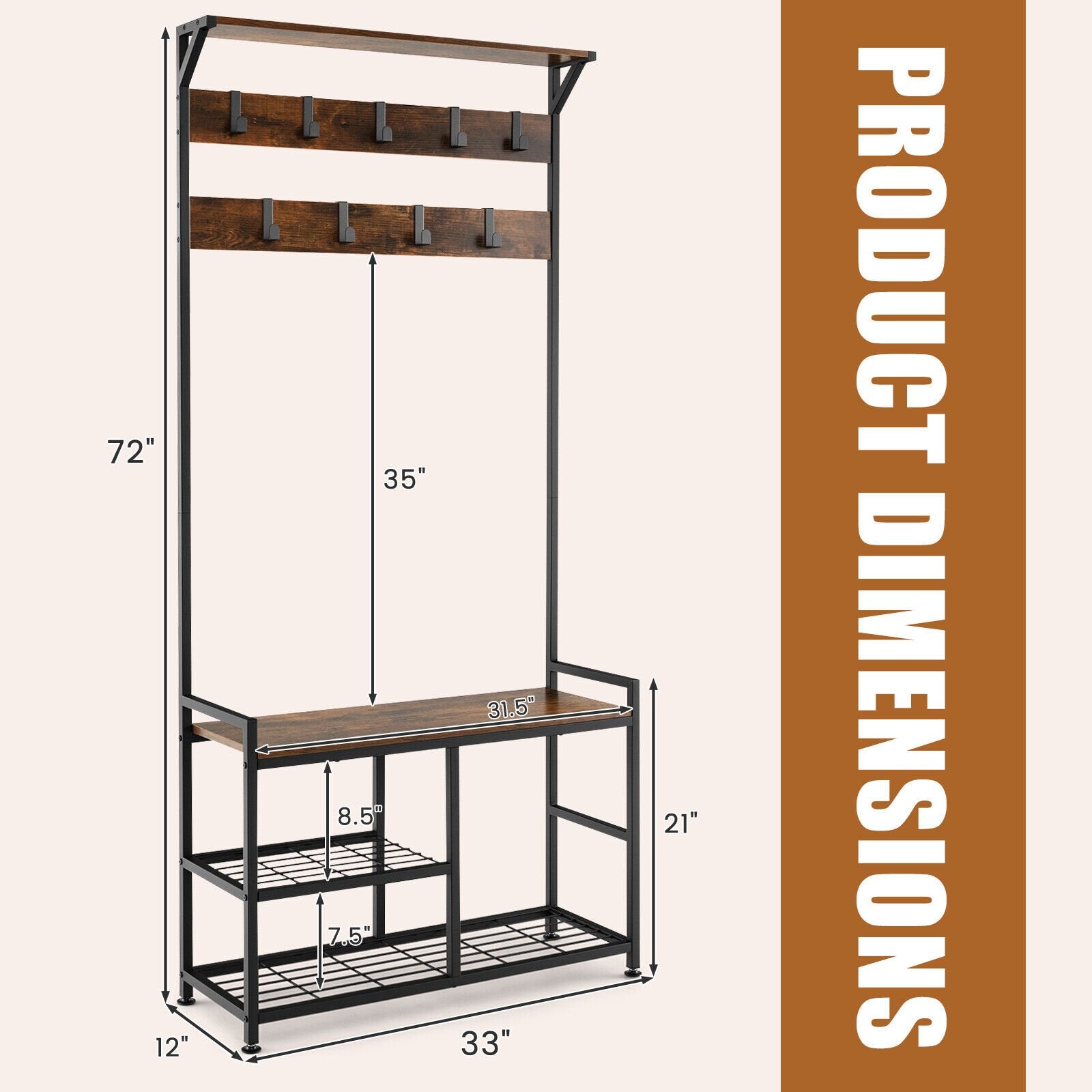 3-In-1 Industrial Coat Rack Stand with 9 Hooks Shoe Bench, Brown Coat Racks & Hall Trees   at Gallery Canada