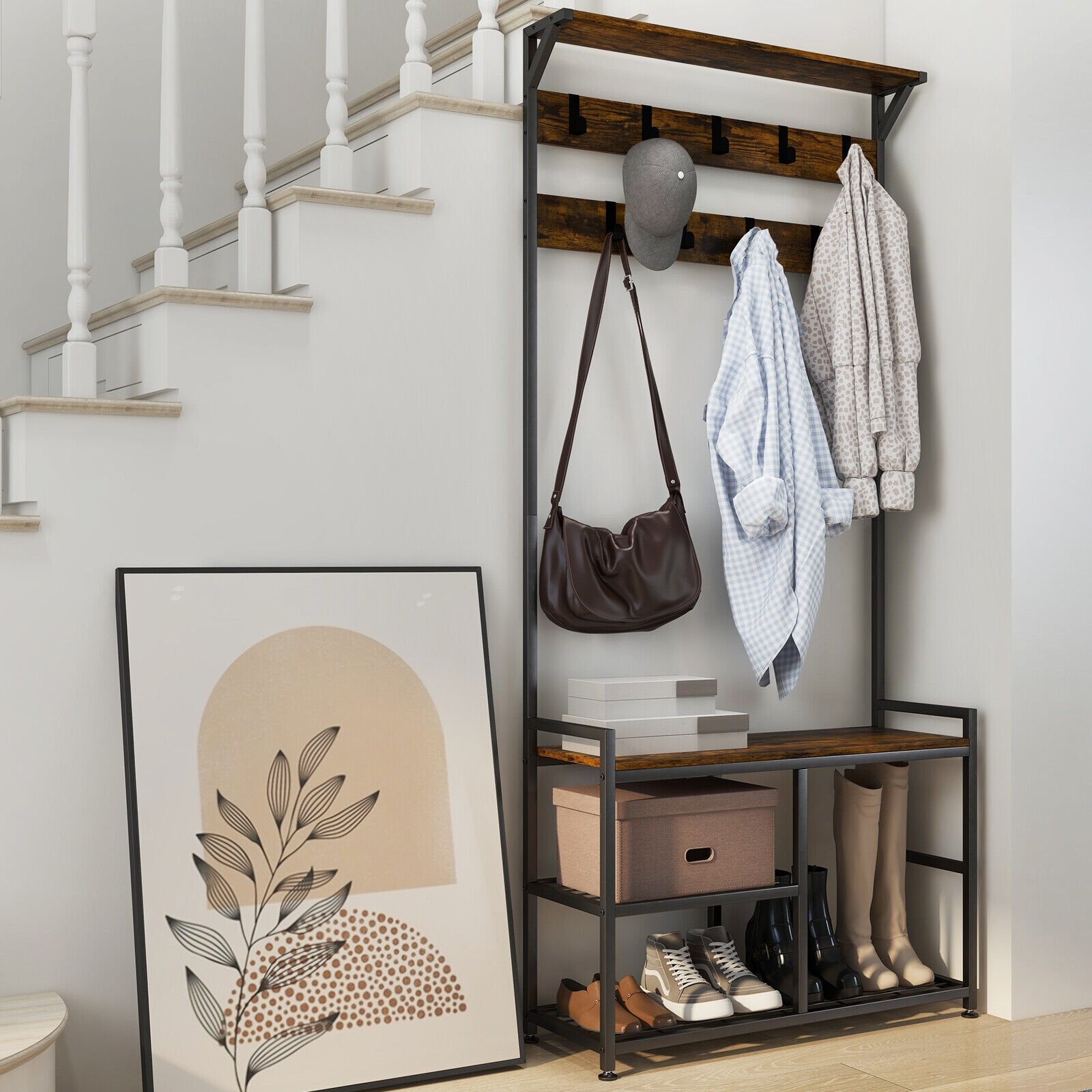 3-In-1 Industrial Coat Rack Stand with 9 Hooks Shoe Bench, Brown Coat Racks & Hall Trees   at Gallery Canada