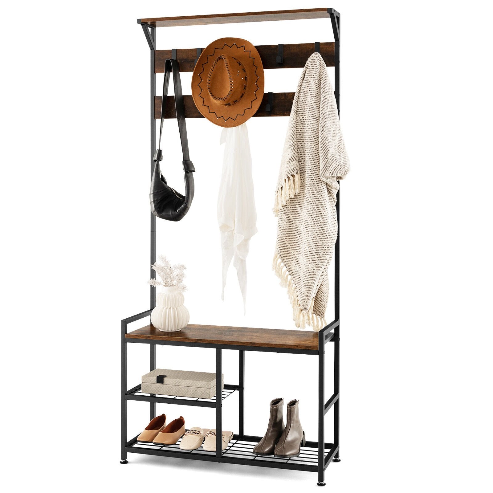 3-In-1 Industrial Coat Rack Stand with 9 Hooks Shoe Bench, Brown Coat Racks & Hall Trees   at Gallery Canada