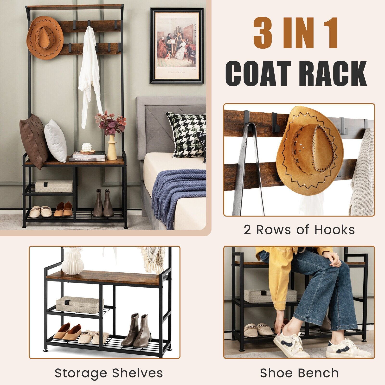 3-In-1 Industrial Coat Rack Stand with 9 Hooks Shoe Bench, Brown Coat Racks & Hall Trees   at Gallery Canada