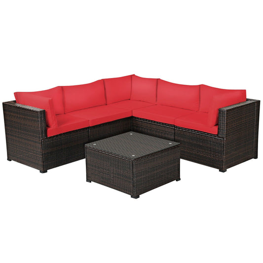 6 Pieces Patio Rattan Furniture Set Sectional Cushioned Sofa Deck, Red Outdoor Sectionals   at Gallery Canada