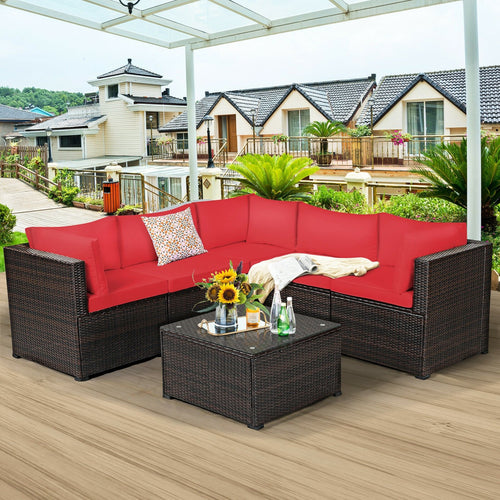 6 Pieces Patio Rattan Furniture Set Sectional Cushioned Sofa Deck, Red