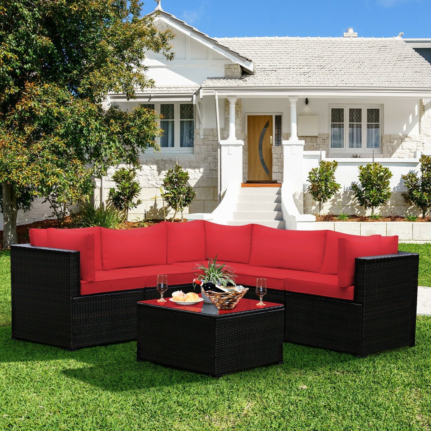 6 Pieces Patio Rattan Furniture Set Sectional Cushioned Sofa Deck, Red - Gallery Canada