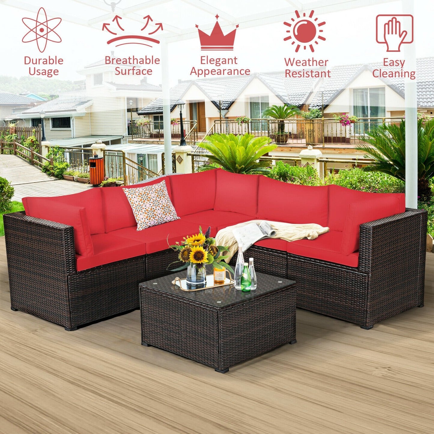 6 Pieces Patio Rattan Furniture Set Sectional Cushioned Sofa Deck, Red - Gallery Canada