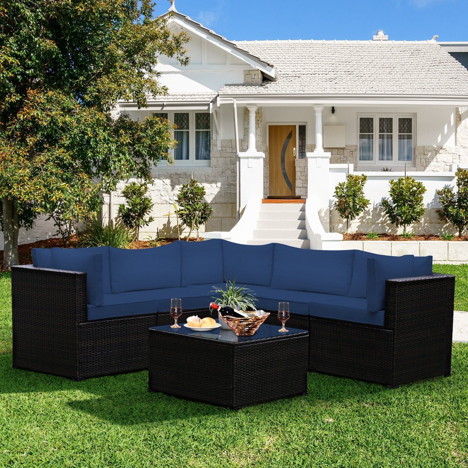 6 Pieces Patio Furniture Sofa Set with Cushions for Outdoor, Navy Outdoor Sectionals   at Gallery Canada