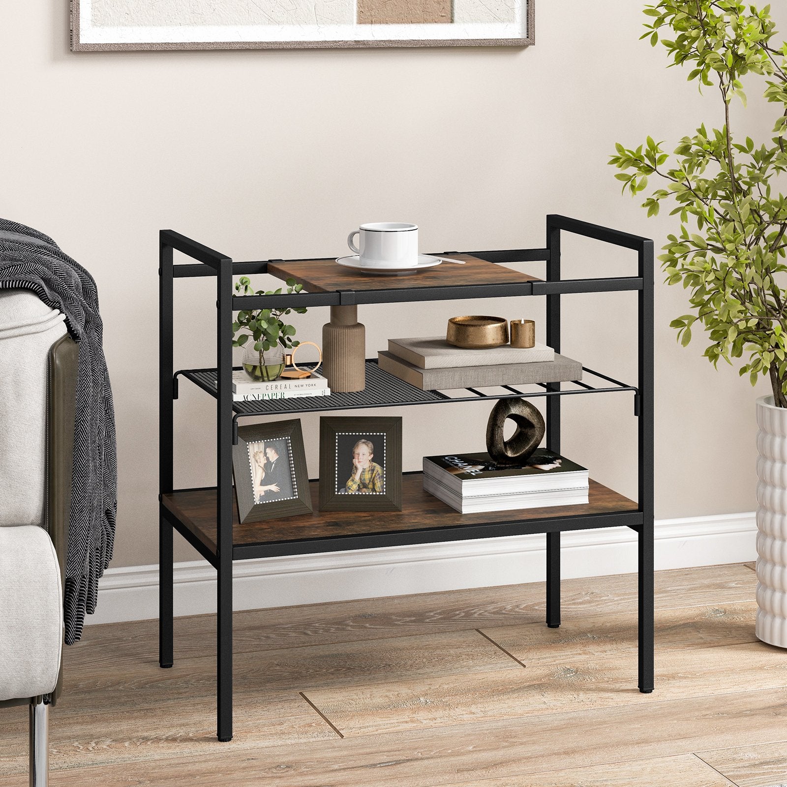 Industrial Entryway Table with Removable Panel and Mesh Shelf, Rustic Brown Console Tables   at Gallery Canada