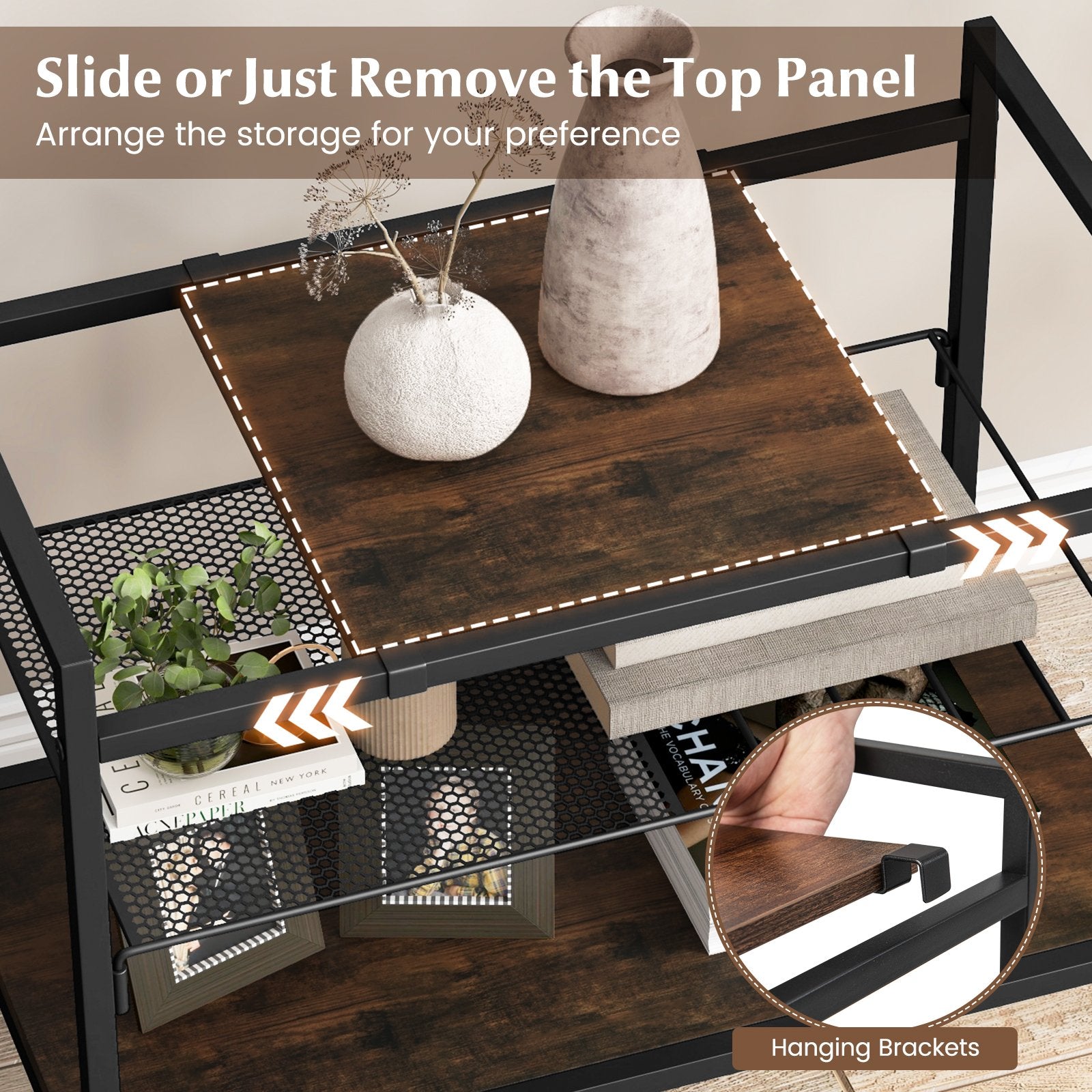 Industrial Entryway Table with Removable Panel and Mesh Shelf, Rustic Brown Console Tables   at Gallery Canada