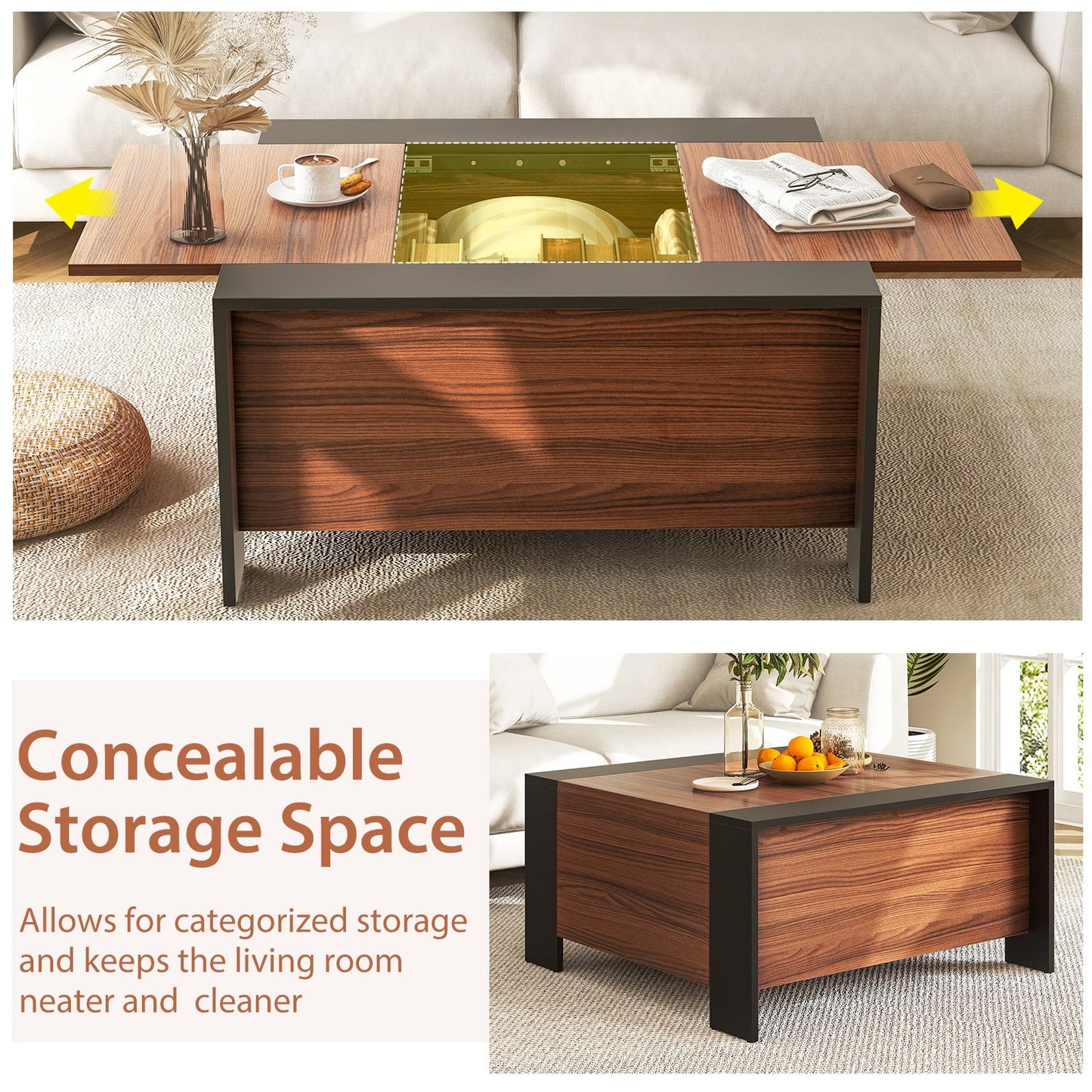 36.5 Inch Coffee Table with Sliding Top and Hidden Compartment, Rustic Brown Coffee Tables   at Gallery Canada