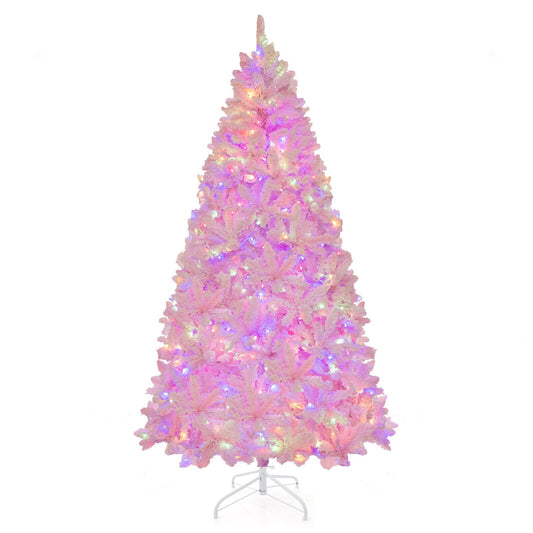 7 Feet Flocked Artificial Christmas Tree with 500 LED Lights and 1200 Branches, Pink Christmas Tree   at Gallery Canada