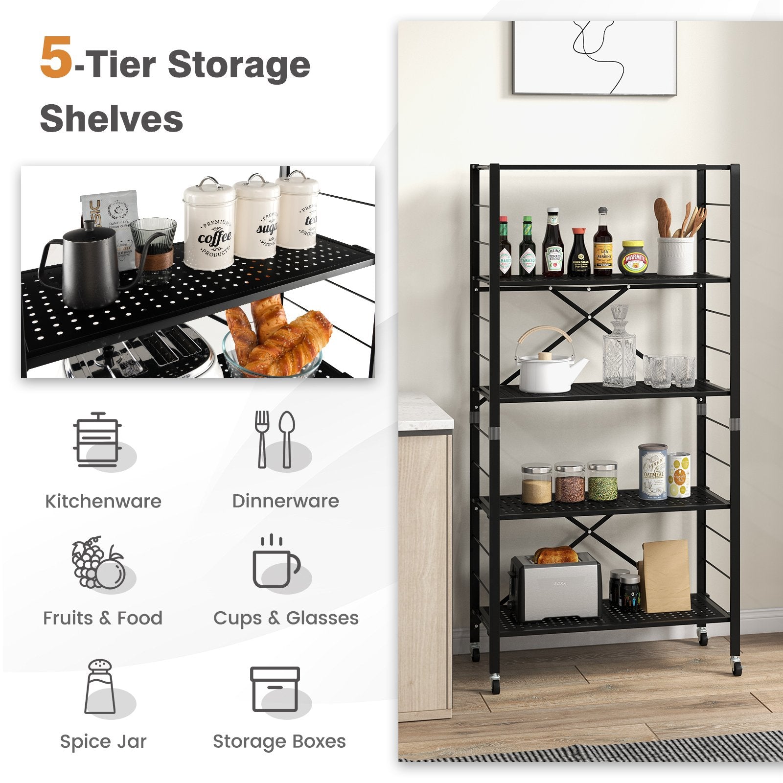 5-Tier Adjustable Shelves with Wheels for Garage Kitchen Balcony, Black Garages   at Gallery Canada