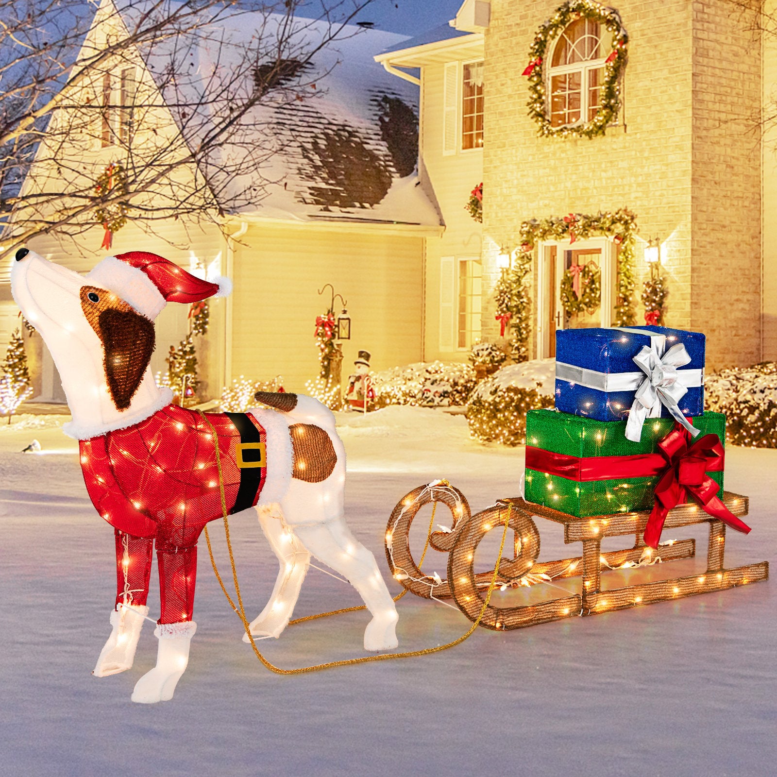 Outdoor Pre-lit Xmas Dog and Sleigh with 170 Warm Bright Lights for Porch, Multicolor Christmas Decor & Accessories   at Gallery Canada