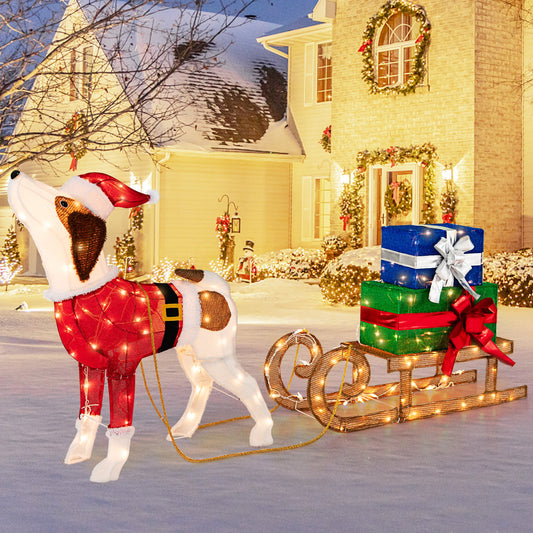 Outdoor Pre-lit Xmas Dog and Sleigh with 170 Warm Bright Lights for Porch, Multicolor - Gallery Canada