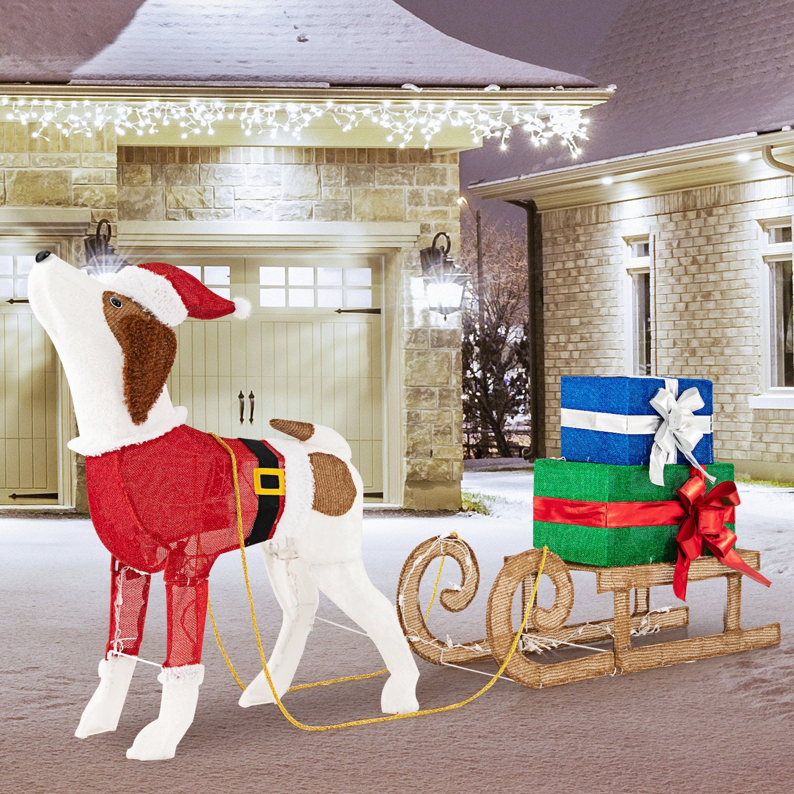 Outdoor Pre-lit Xmas Dog and Sleigh with 170 Warm Bright Lights for Porch, Multicolor Christmas Decor & Accessories   at Gallery Canada