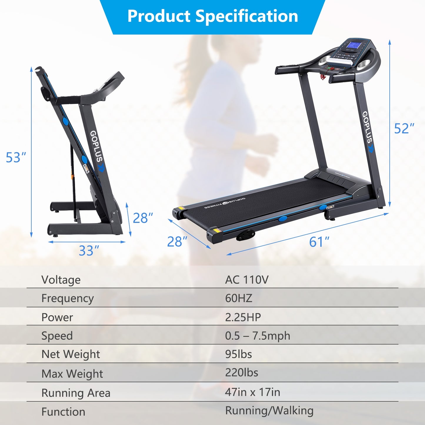 2.25 HP Folding Electric Motorized Power Treadmill with Blue Backlit LCD Display, Black Treadmills   at Gallery Canada