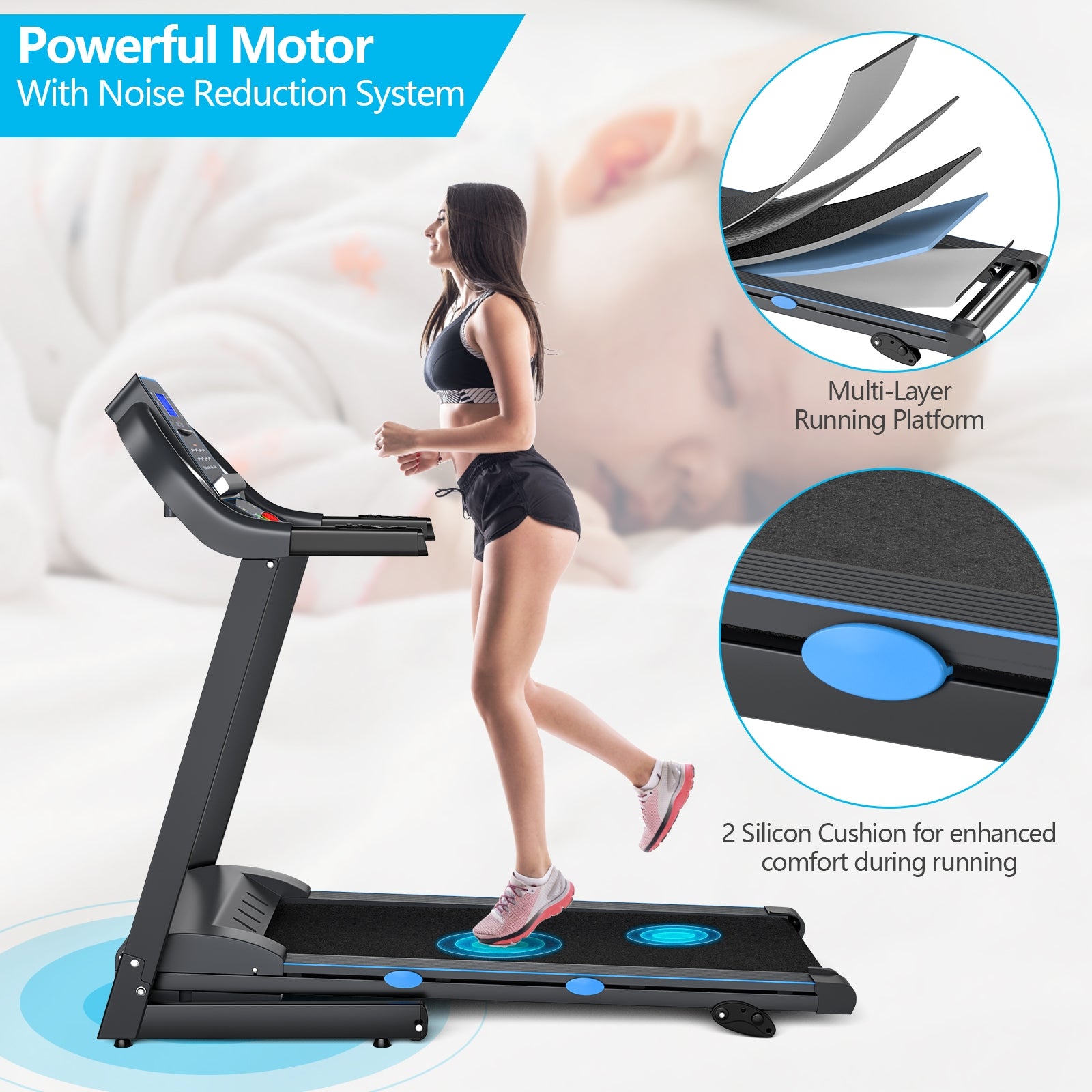 2.25 HP Folding Electric Motorized Power Treadmill with Blue Backlit LCD Display, Black Treadmills   at Gallery Canada