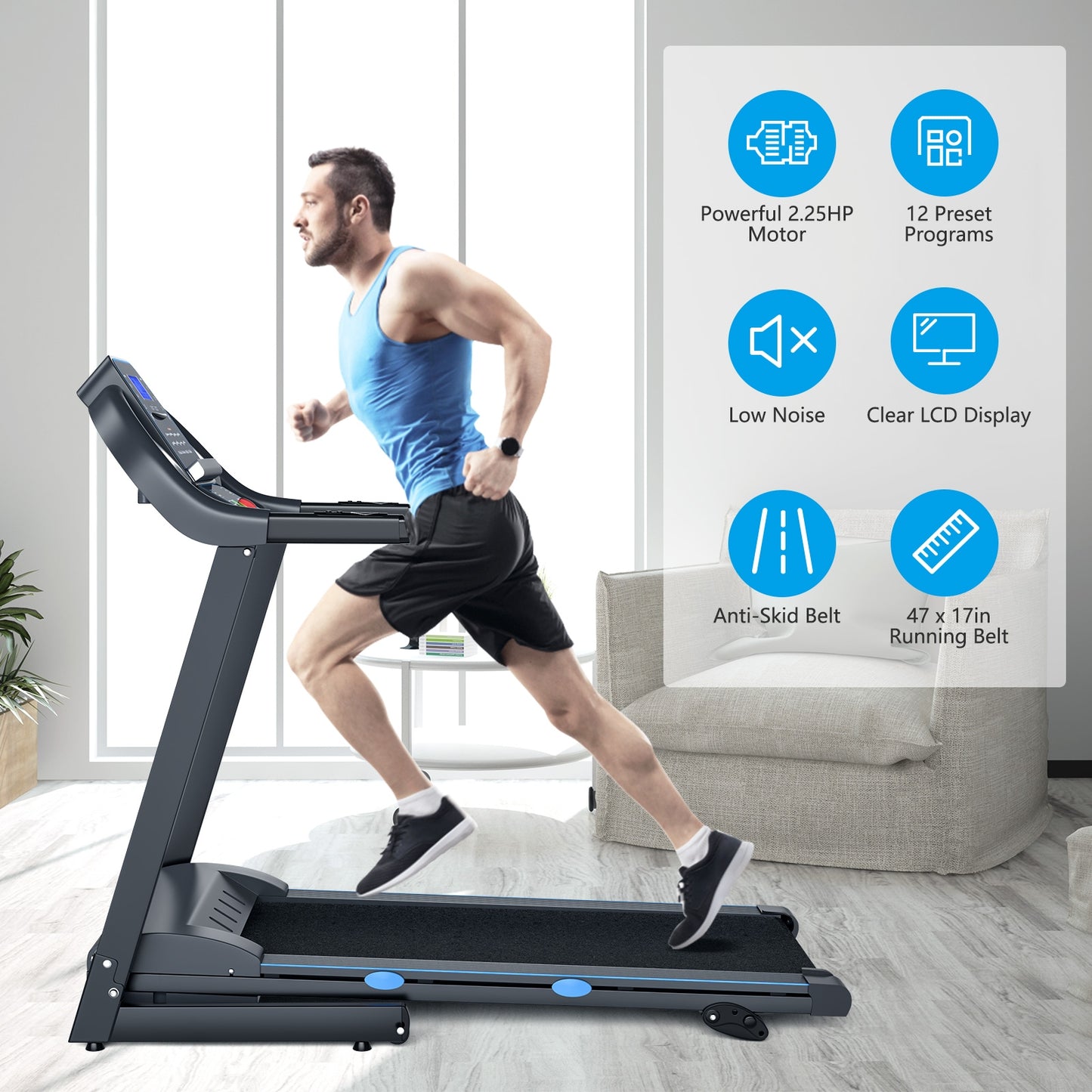 2.25 HP Folding Electric Motorized Power Treadmill with Blue Backlit LCD Display, Black Treadmills   at Gallery Canada