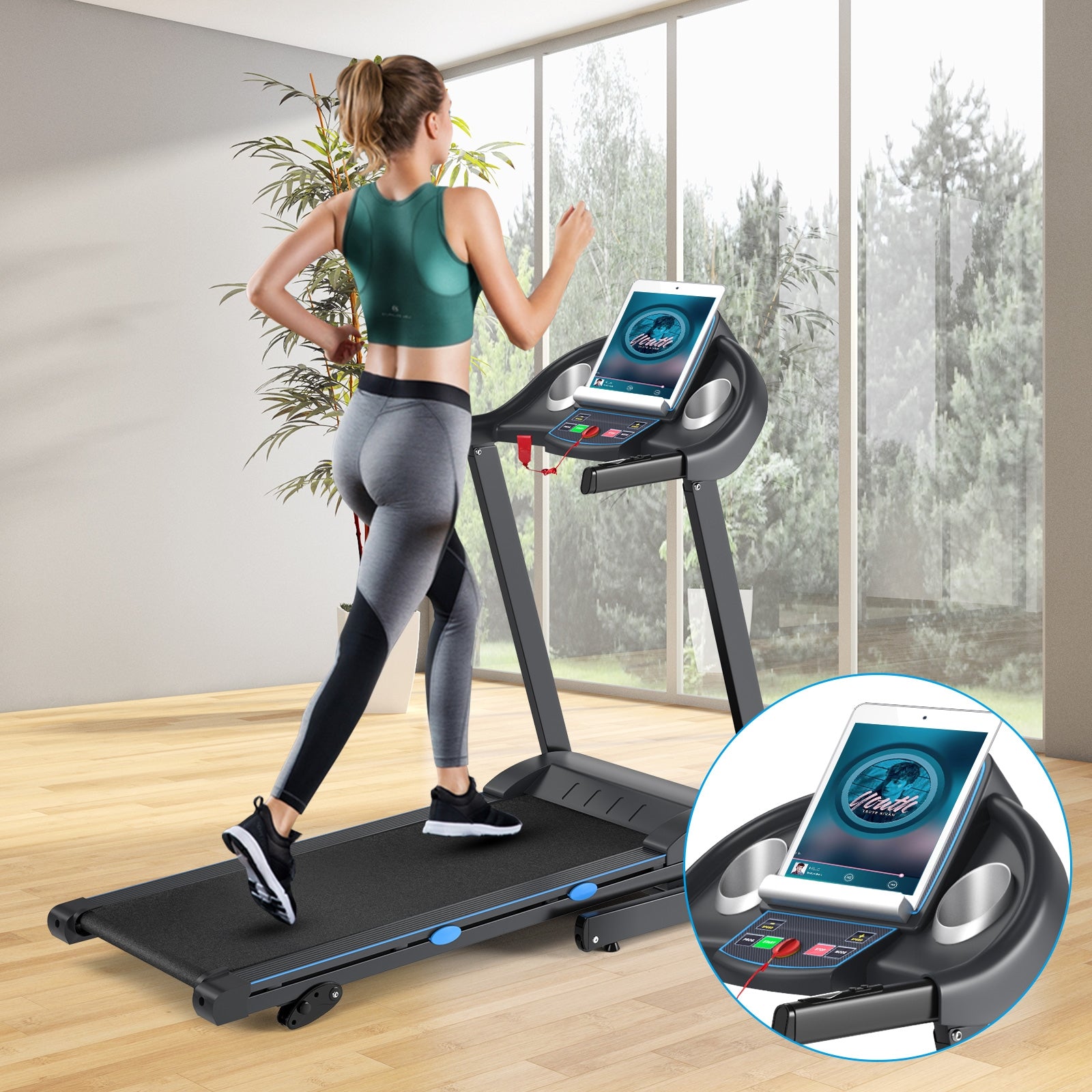 2.25 HP Folding Electric Motorized Power Treadmill with Blue Backlit LCD Display, Black Treadmills   at Gallery Canada