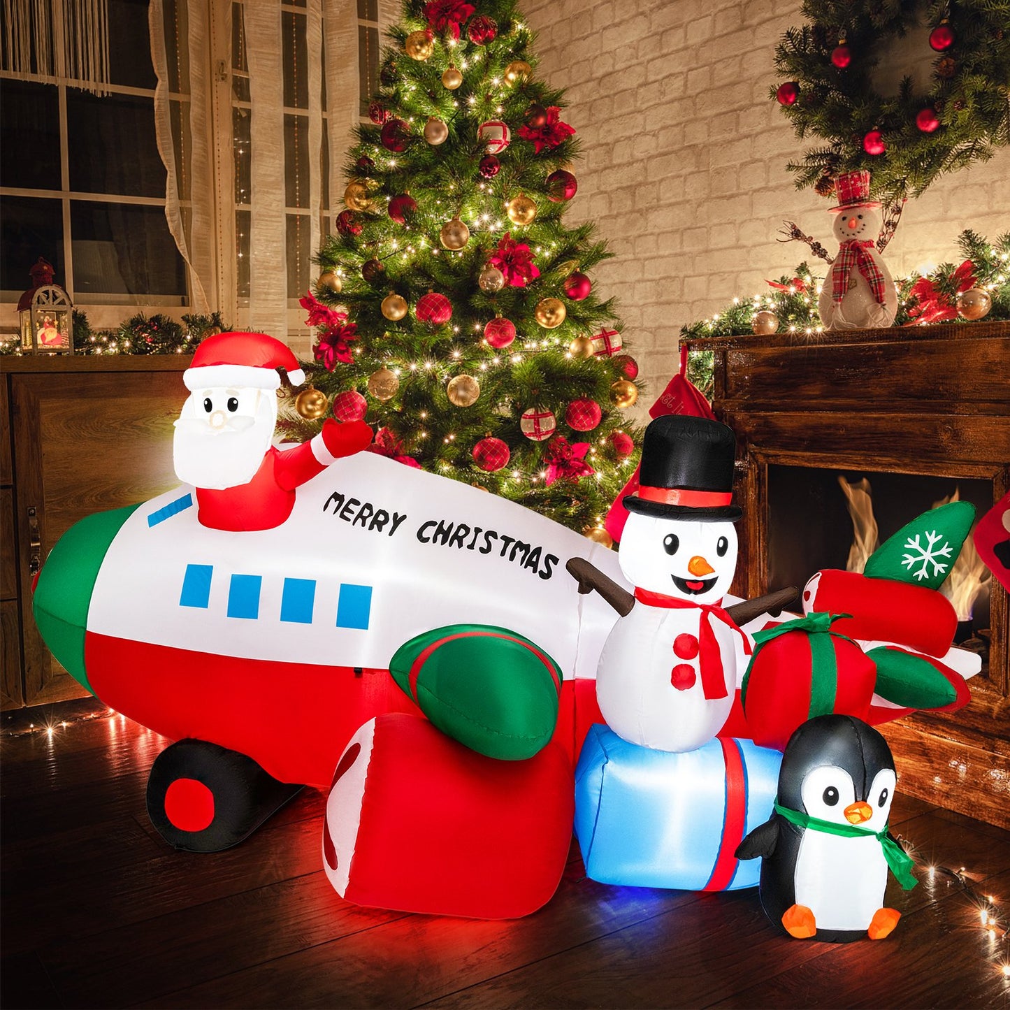 9 Feet Lighted Christmas Inflatable Santa Claus on Helicopter with Penguin, Multicolor - Gallery Canada
