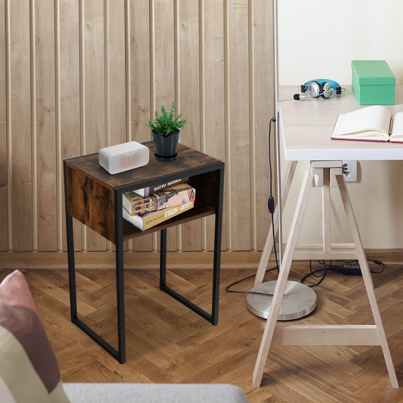 Industrial Side Table with Anti-Rust Steel Frame and Open Storage, Rustic Brown - Gallery Canada