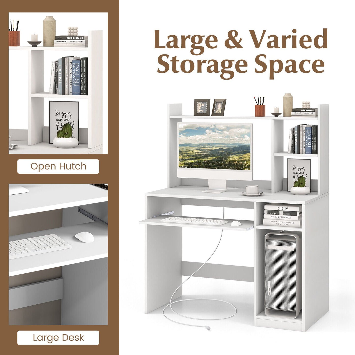 Home Office Computer Desk with Bookcase Keyboard Tray and CPU Stand, White - Gallery Canada