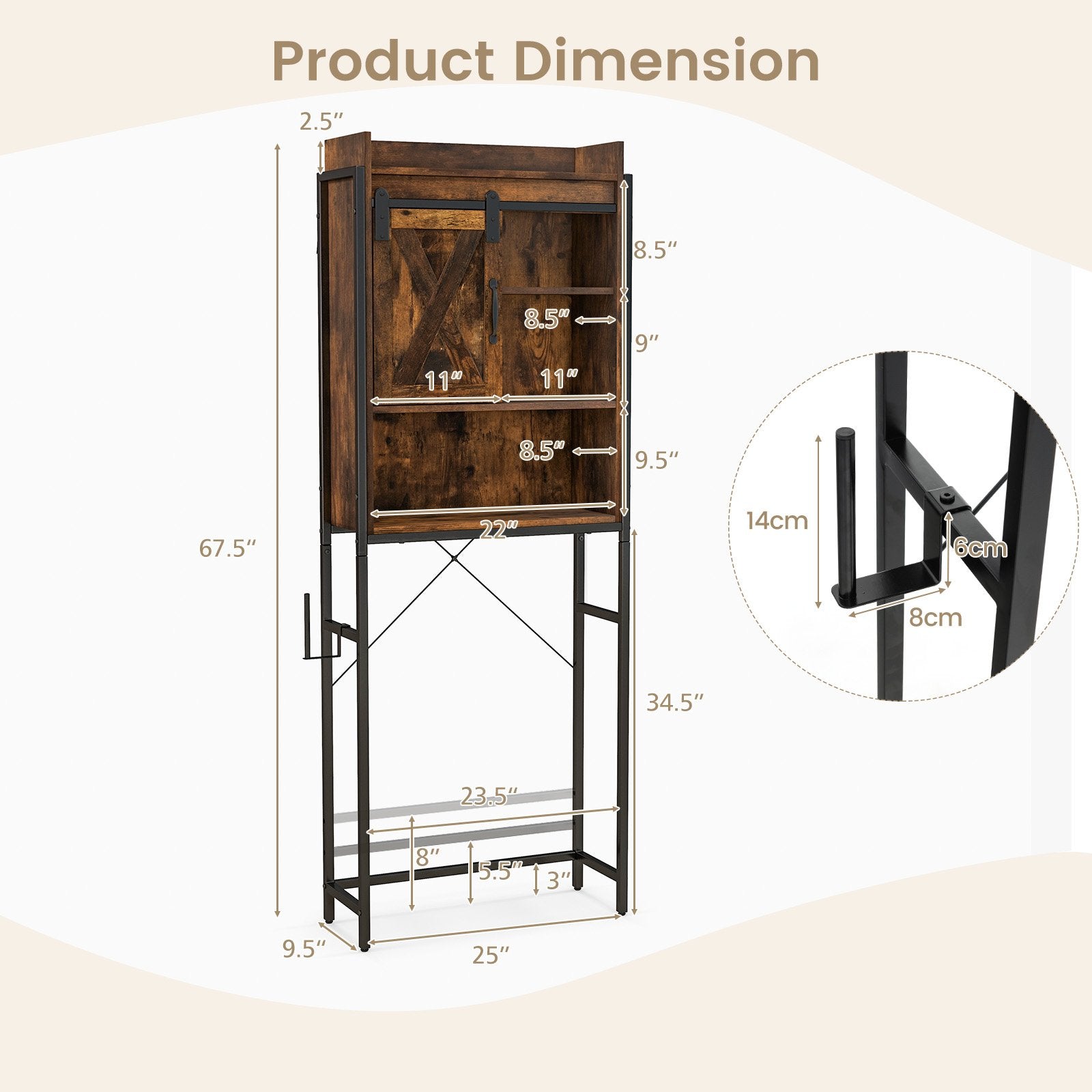 4-Tier Multifunctional Toilet Sorage Cabinet with Adjustable Shelf and Sliding Barn Door, Rustic Brown Bathroom Etagere   at Gallery Canada