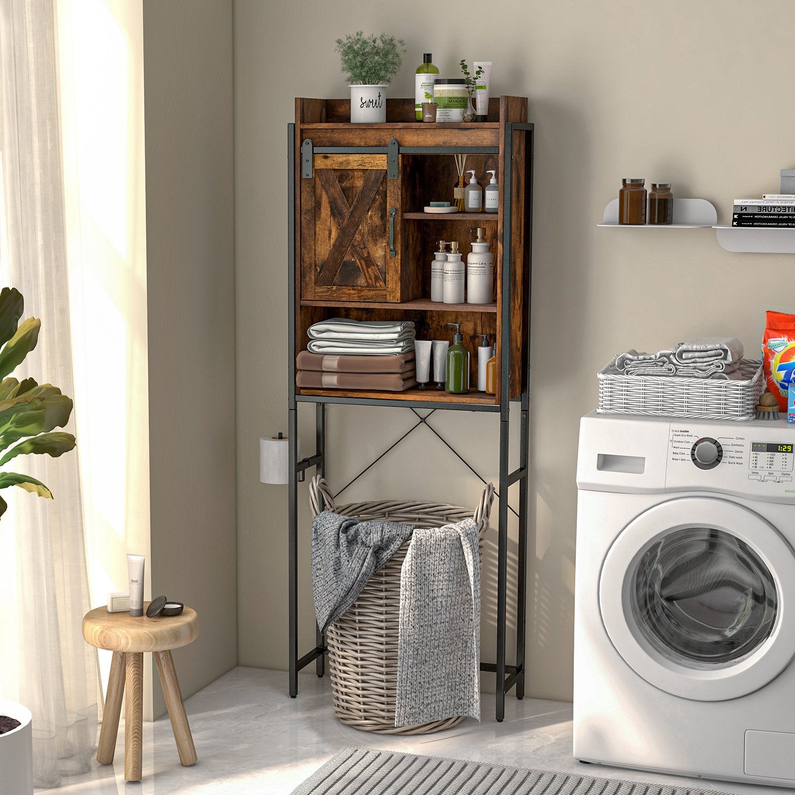 4-Tier Multifunctional Toilet Sorage Cabinet with Adjustable Shelf and Sliding Barn Door, Rustic Brown Bathroom Etagere   at Gallery Canada