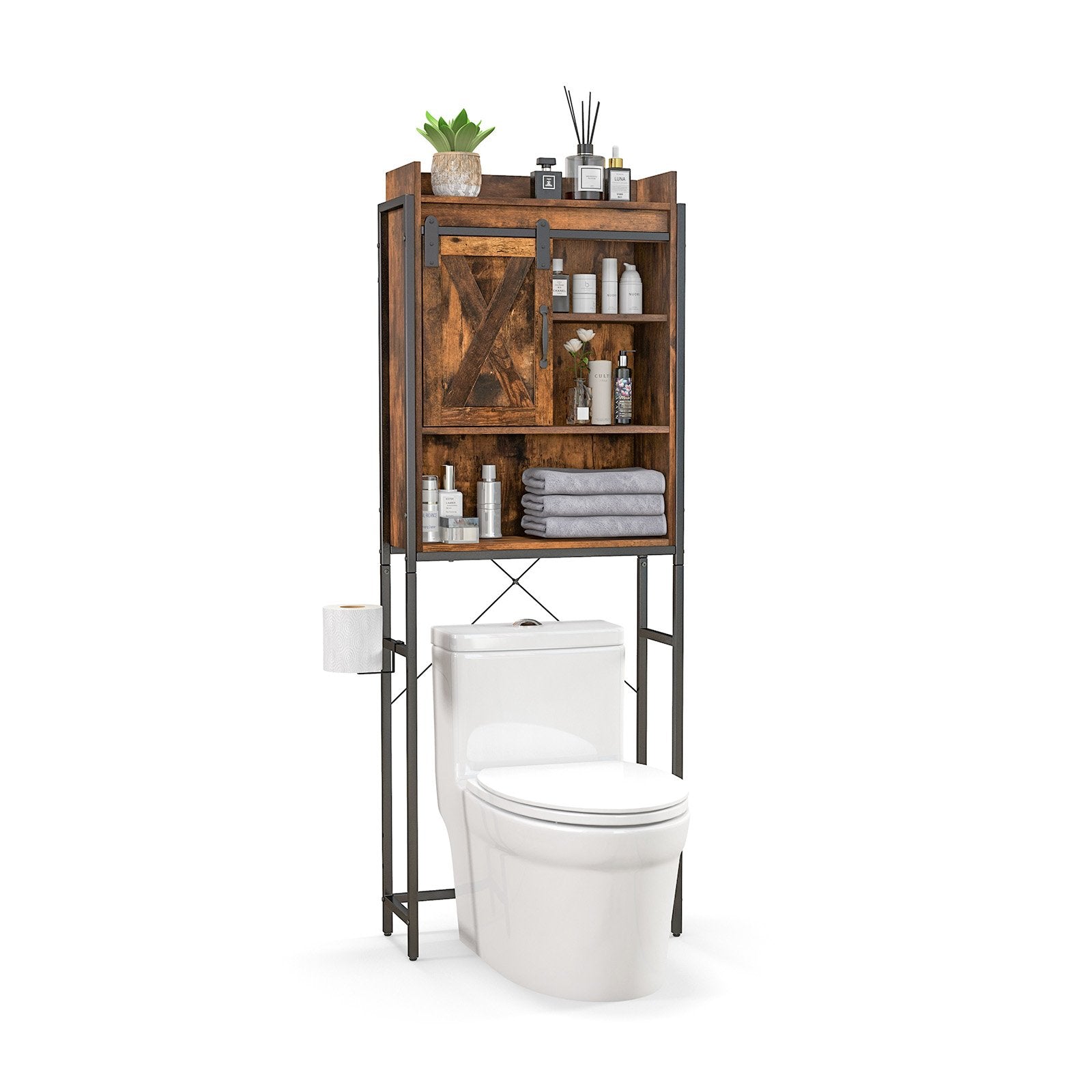 4-Tier Multifunctional Toilet Sorage Cabinet with Adjustable Shelf and Sliding Barn Door, Rustic Brown Bathroom Etagere   at Gallery Canada