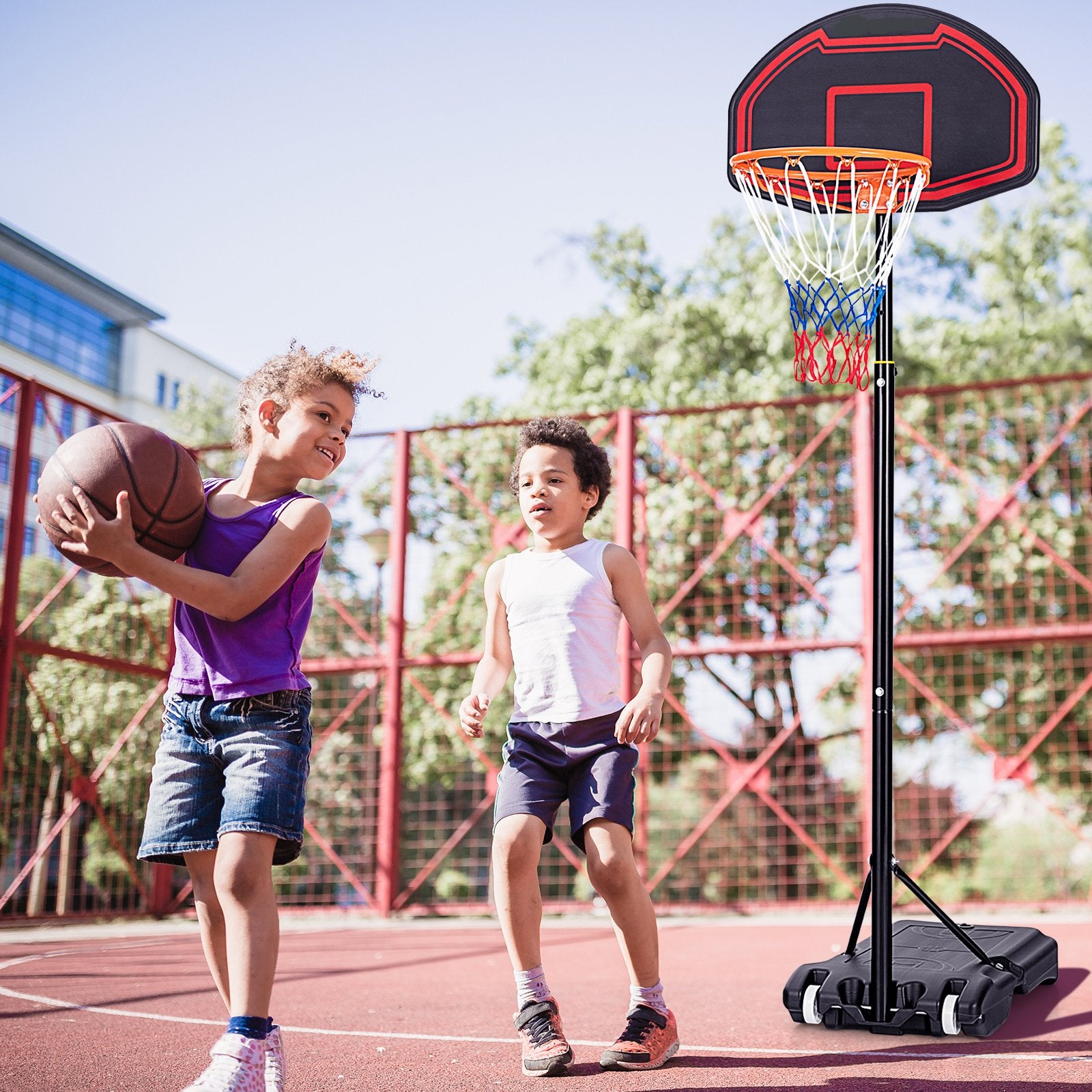 Adjustable Kids' Basketball Hoop Stand with Durable Net and Wheel, Black Sport Equipments   at Gallery Canada