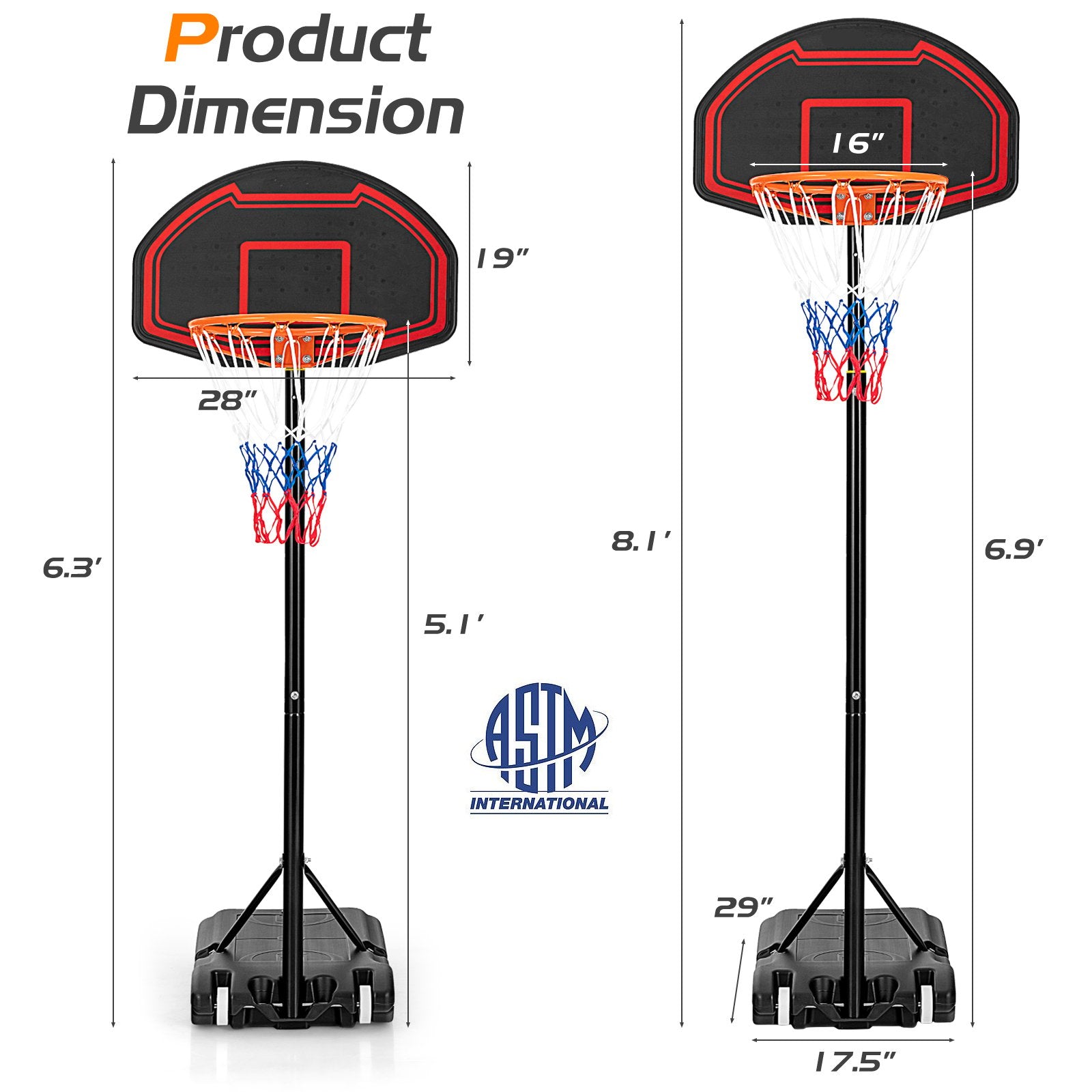 Adjustable Kids' Basketball Hoop Stand with Durable Net and Wheel, Black Sport Equipments   at Gallery Canada